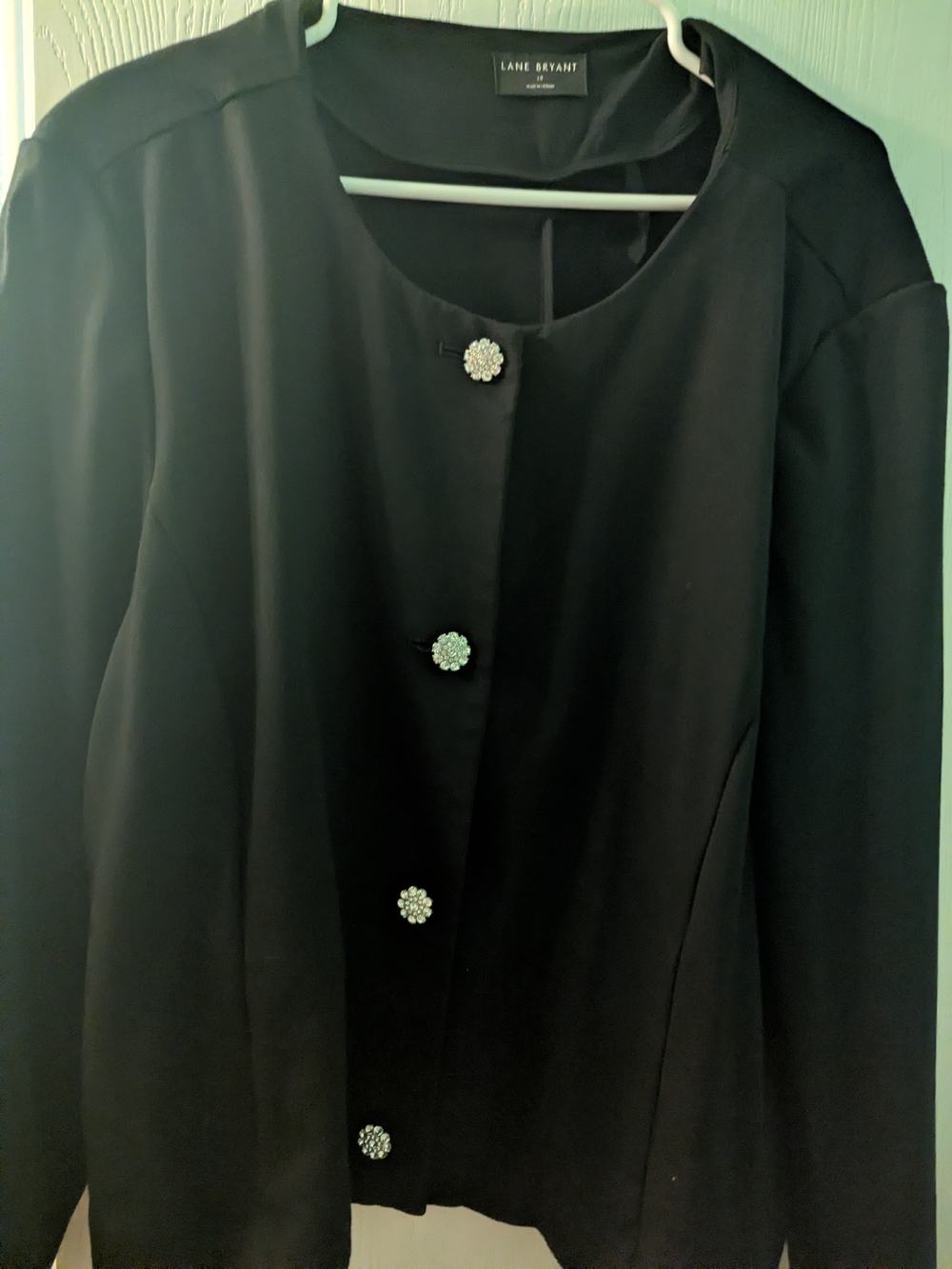 Lane Bryant Black Collarless Jacket with Jewel Buttons